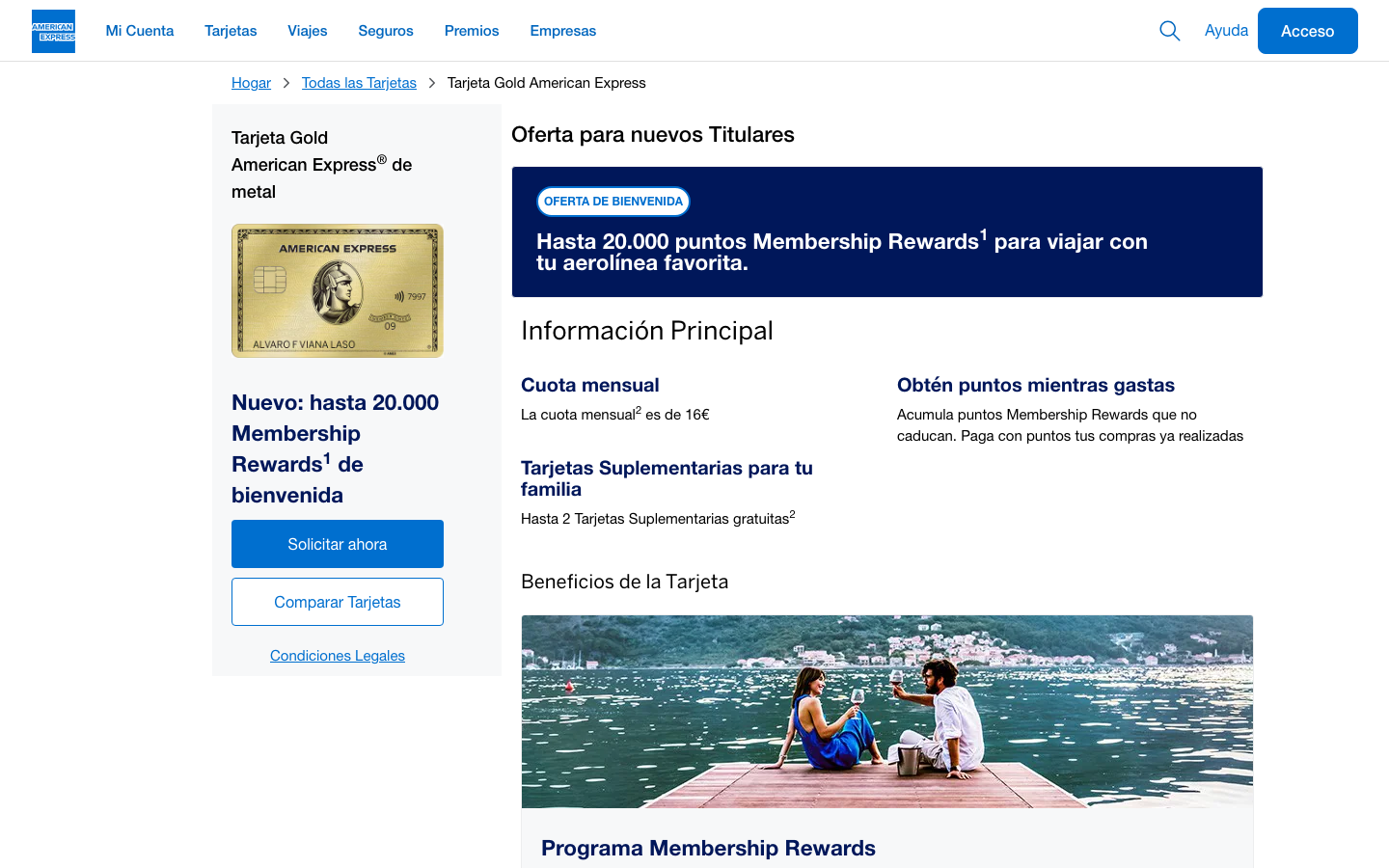 Página oficial de la tarjeta American Express Gold en España
