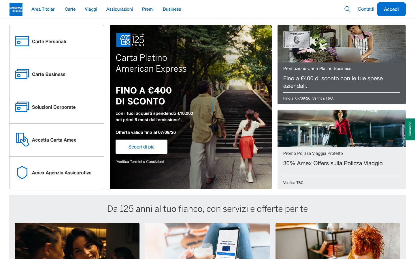 Homepage ufficiale di American Express Italia con le carte disponibili
