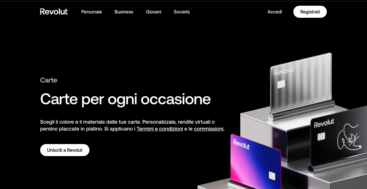 Pagina carte Revolut Italia 2026 con i modelli Standard, Plus e Metal