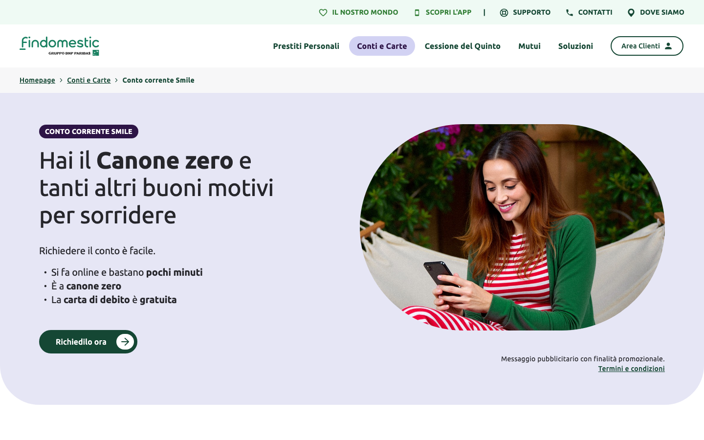 Screenshot del sito di Findomestic Conto Corrente Smile