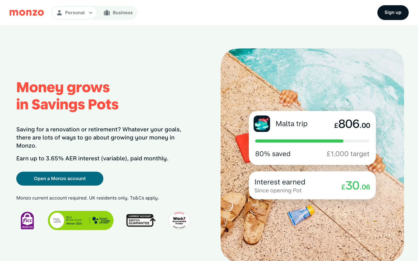 Screenshot of the website of Monzo Savings Pots