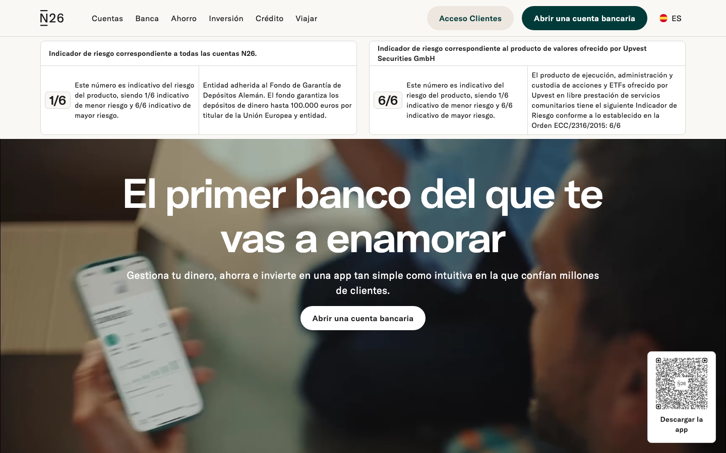 Página de N26 con su tarjeta de débito digital
