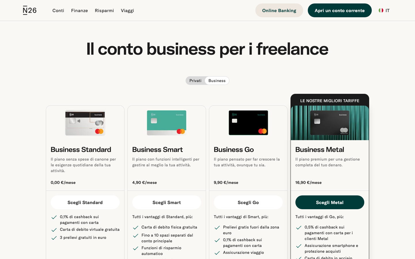 Homepage di N26 Business, conto business gratuito