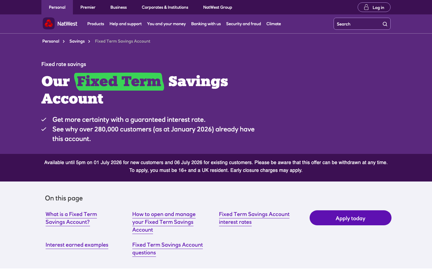 Screenshot of the website of NatWest Fixed Term Savings Account