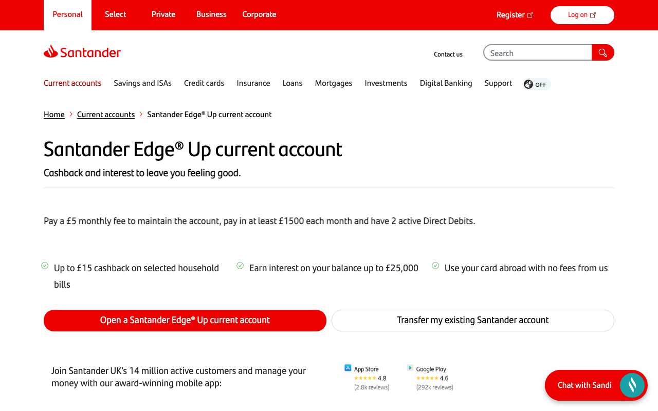 Screenshot of the website of Santander Edge Up Current Account