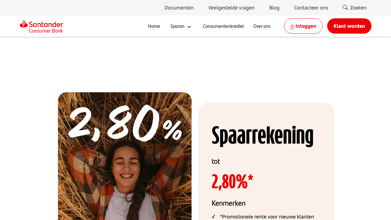Screenshot van de website van Santander Spaarrekening