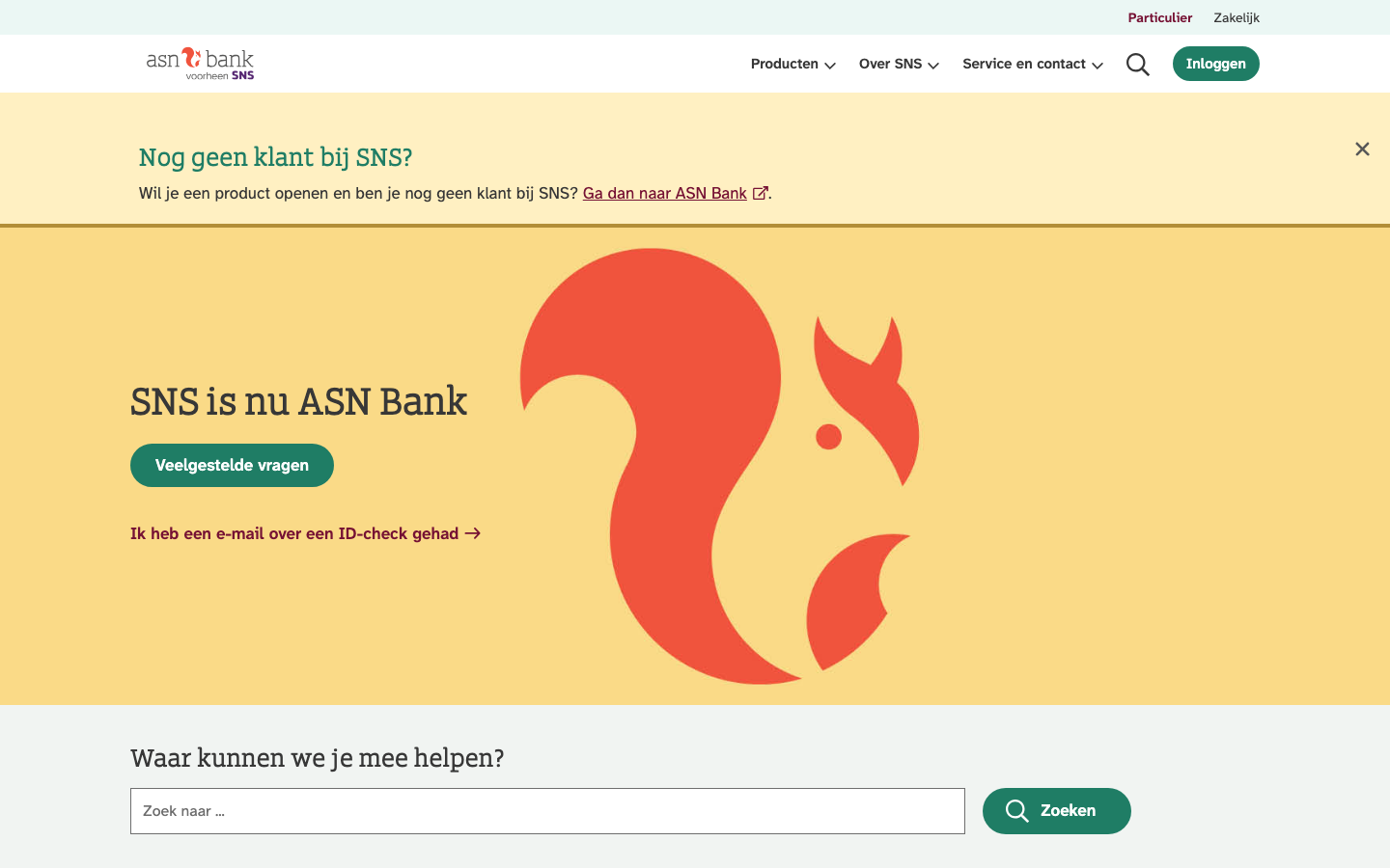 SNS Bank website meldt: SNS is nu ASN Bank, sinds de fusie van de Volksbank-merken