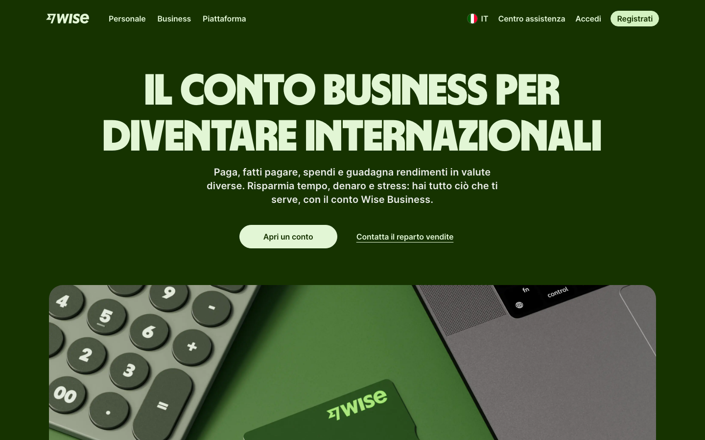 Homepage di Wise Business, conto aziendale gratuito