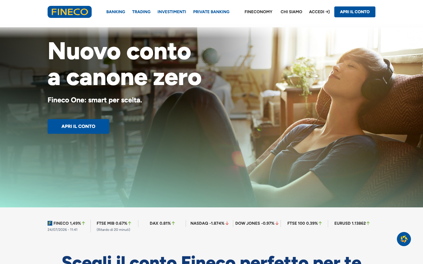 Fineco homepage - conto con carta di debito integrata ai servizi di trading