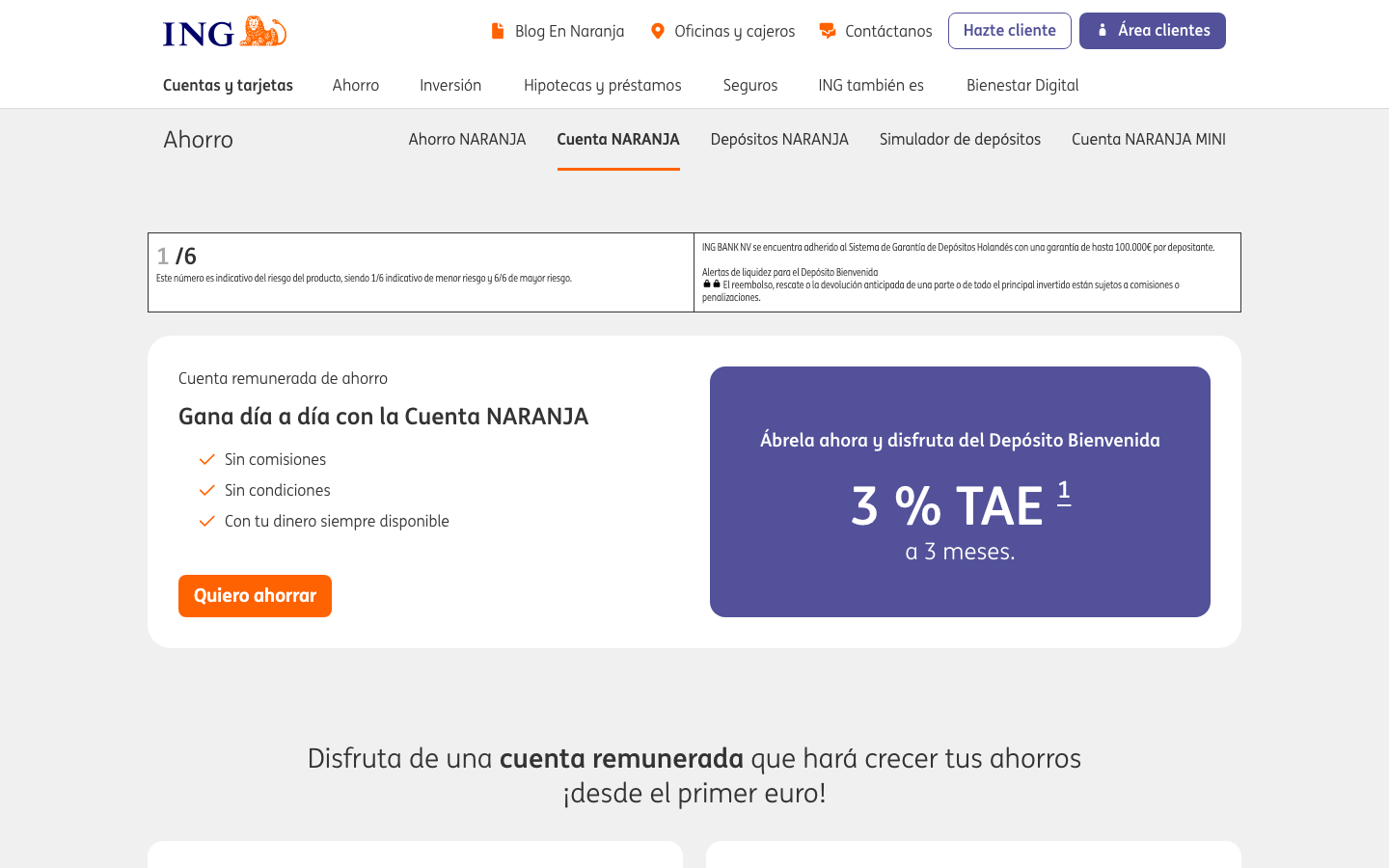 Captura del sitio de Cuenta Naranja ING