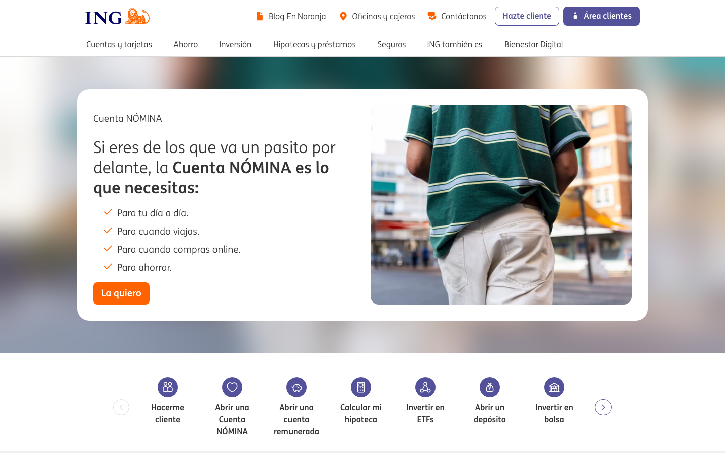 Página de ING con información de su cuenta y tarjeta de débito