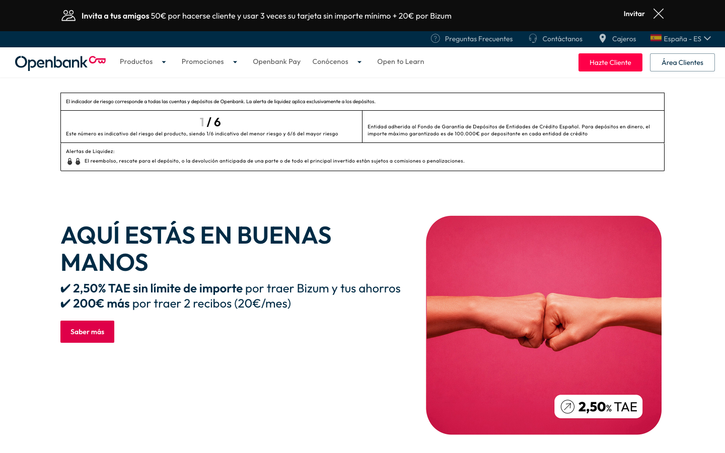 Página de Openbank con su tarjeta de débito Open Debit