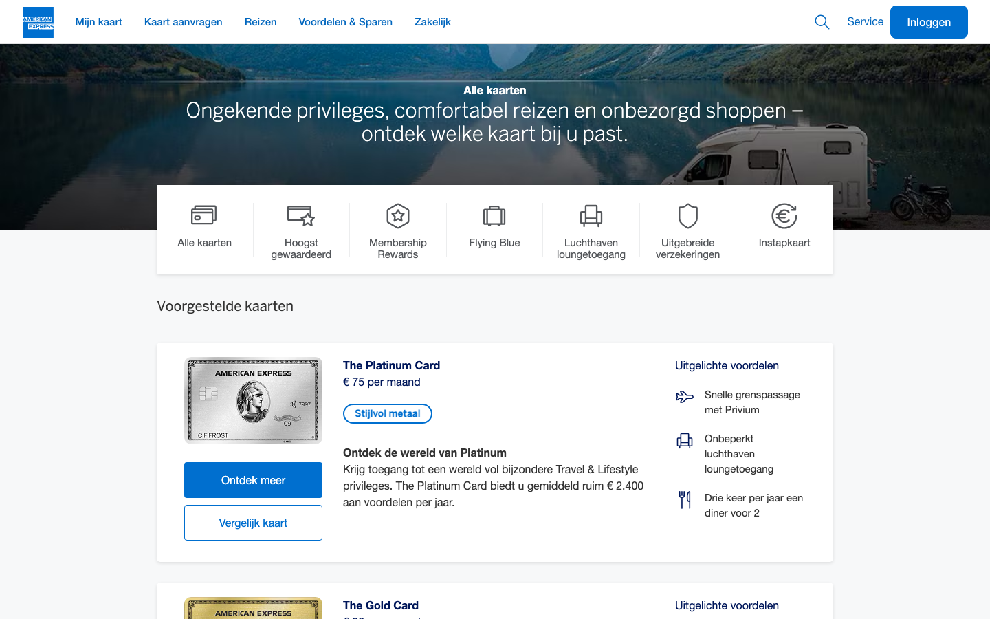 Screenshot van het kaartoverzicht op americanexpress.com/nl-nl met de Platinum Card en de Gold Card
