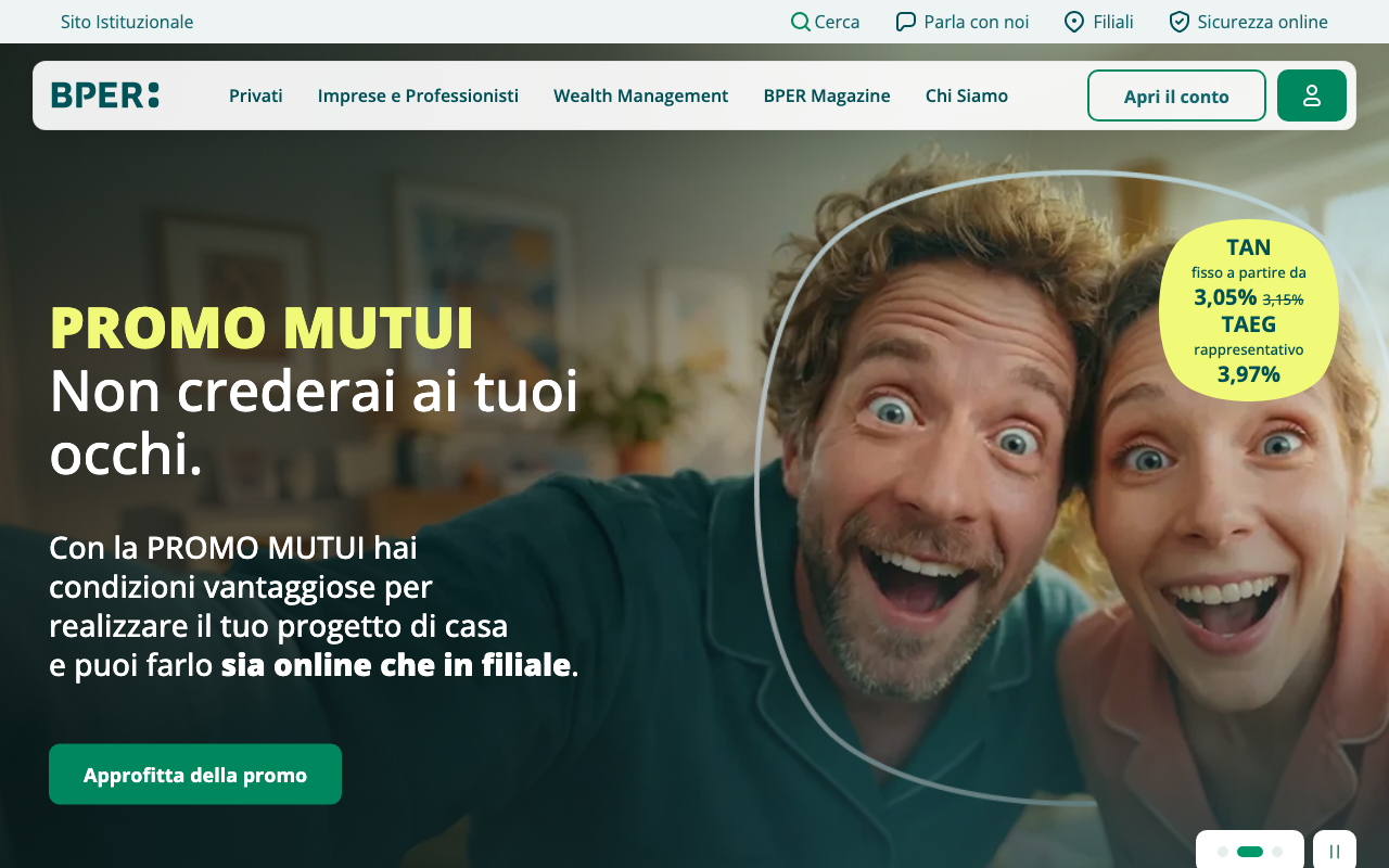 Homepage ufficiale di BPER Banca (bper.it) con il logo del gruppo e il menu di navigazione