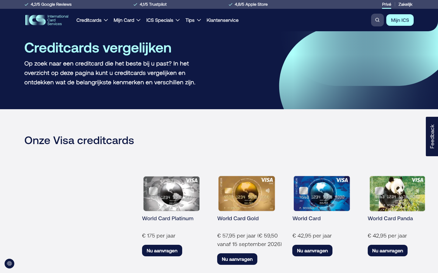 ICS creditcards vergelijken pagina, screenshot 2026
