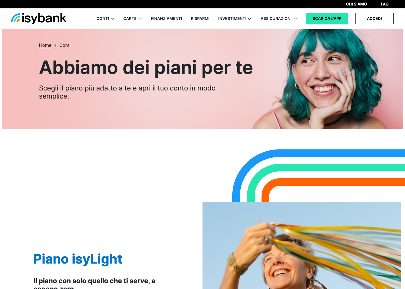 Pagina ufficiale isybank.com con i piani isyLight, isySmart e isyPrime