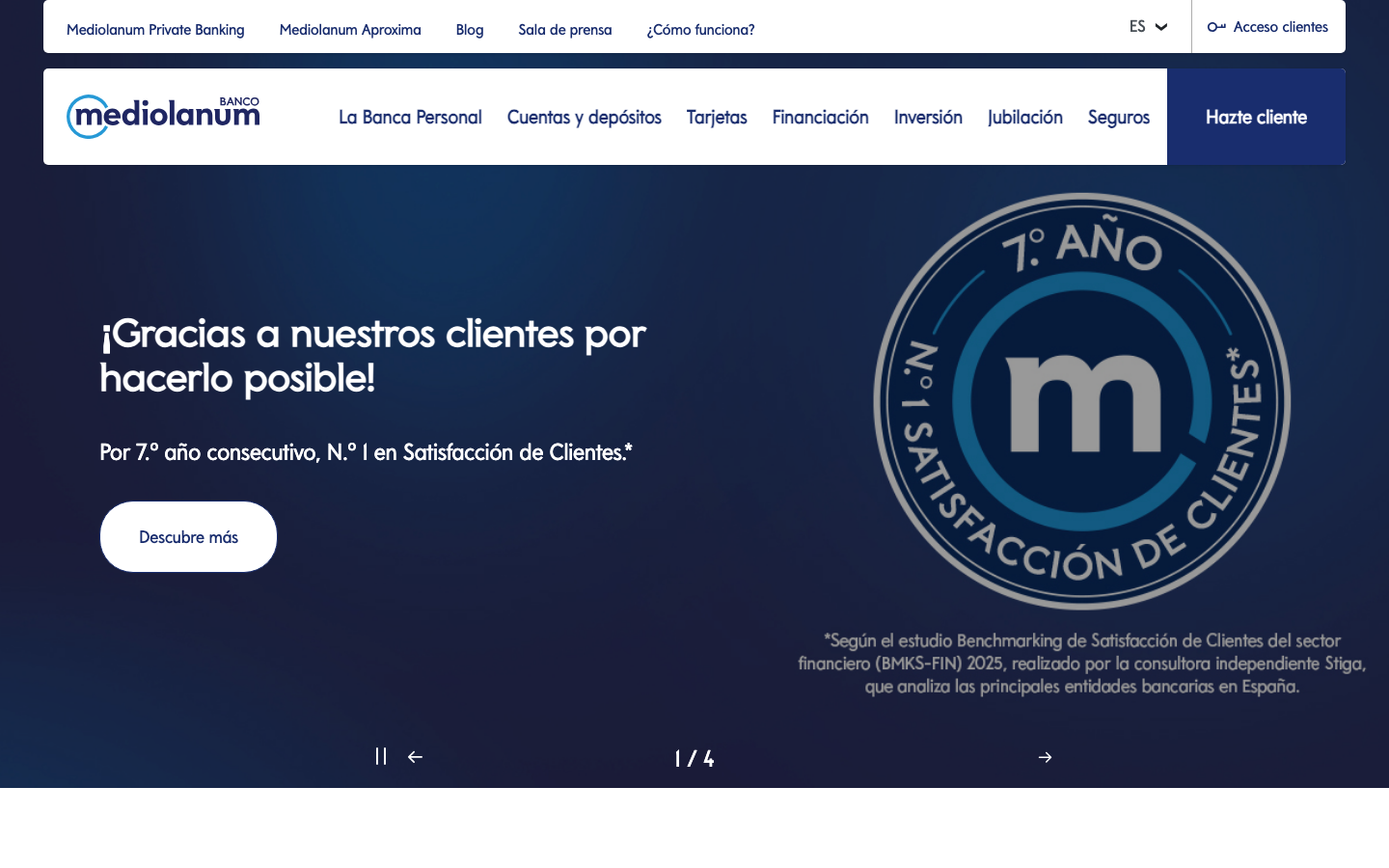 Captura de la página de inicio de Banco Mediolanum