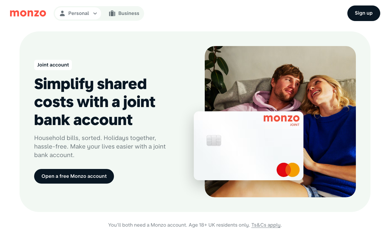 Monzo joint account homepage showing signup and features