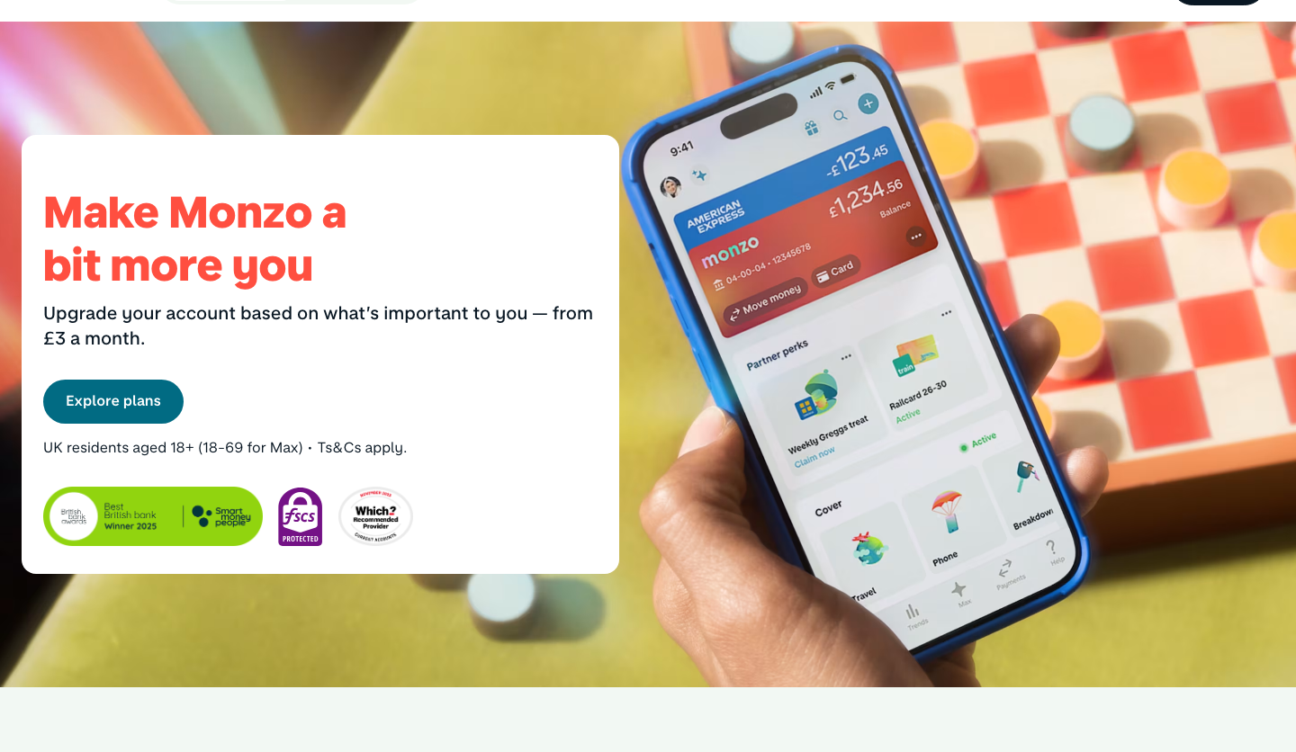 Screenshot of the official Monzo current account plans page showing prices from £3 a month