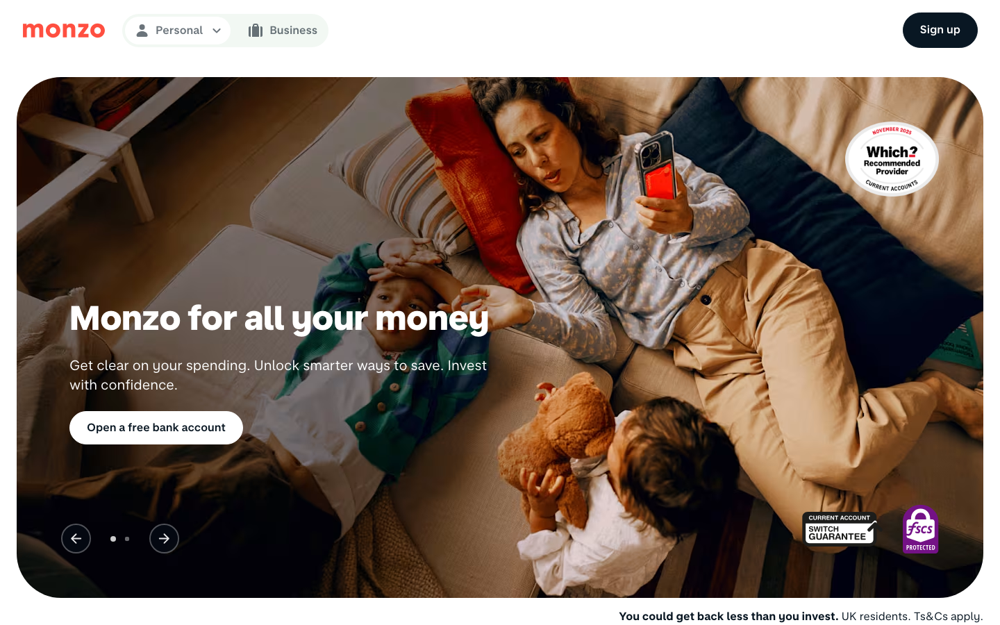 Monzo homepage showing its current account signup page