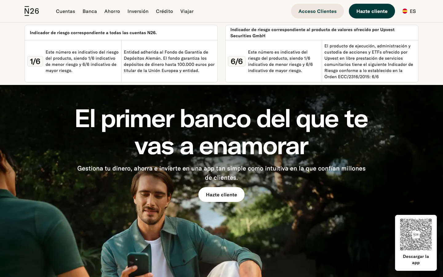 Página web de N26 en español con las opciones de cuenta y tarjeta para viajar
