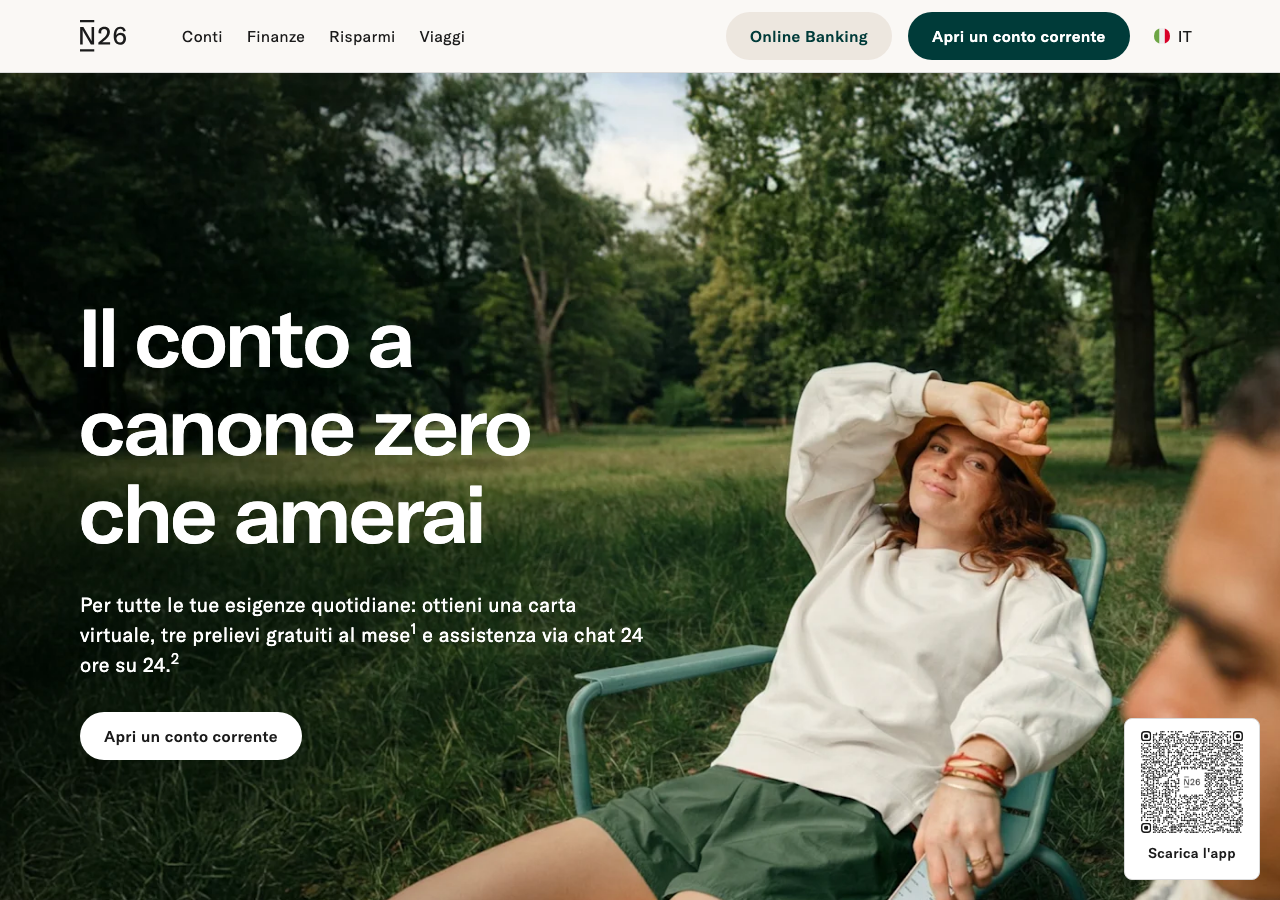 Homepage N26 Italia con il conto Standard a canone zero