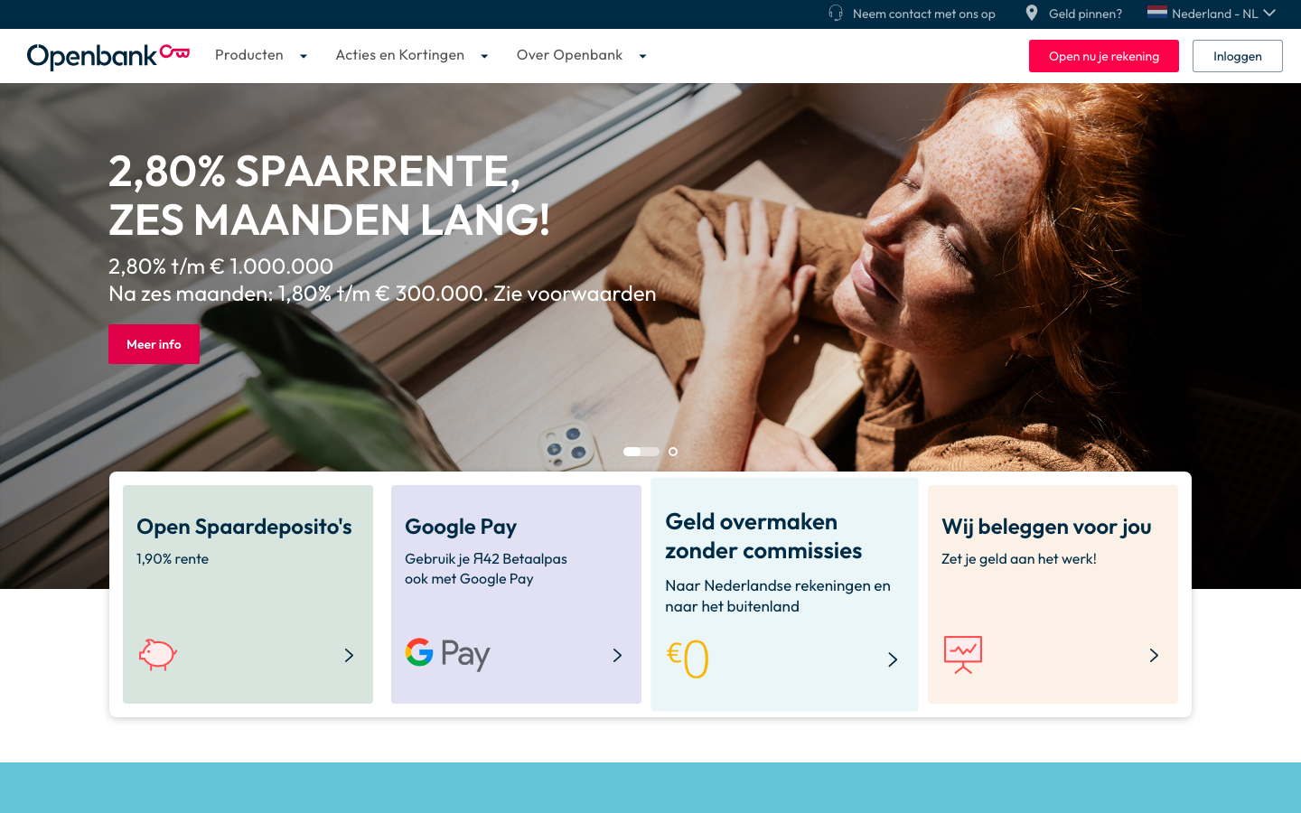 Openbank Nederland: 2,80% spaarrente zes maanden lang, homepage screenshot