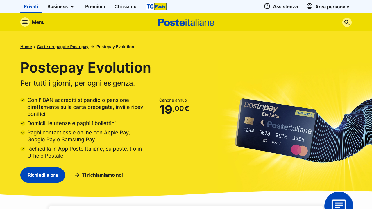 Screenshot della pagina ufficiale Postepay Evolution con canone annuo e caratteristiche principali