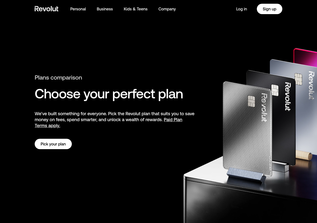 Revolut UK plans comparison page showing Standard, Plus, Premium, Metal and Ultra pricing