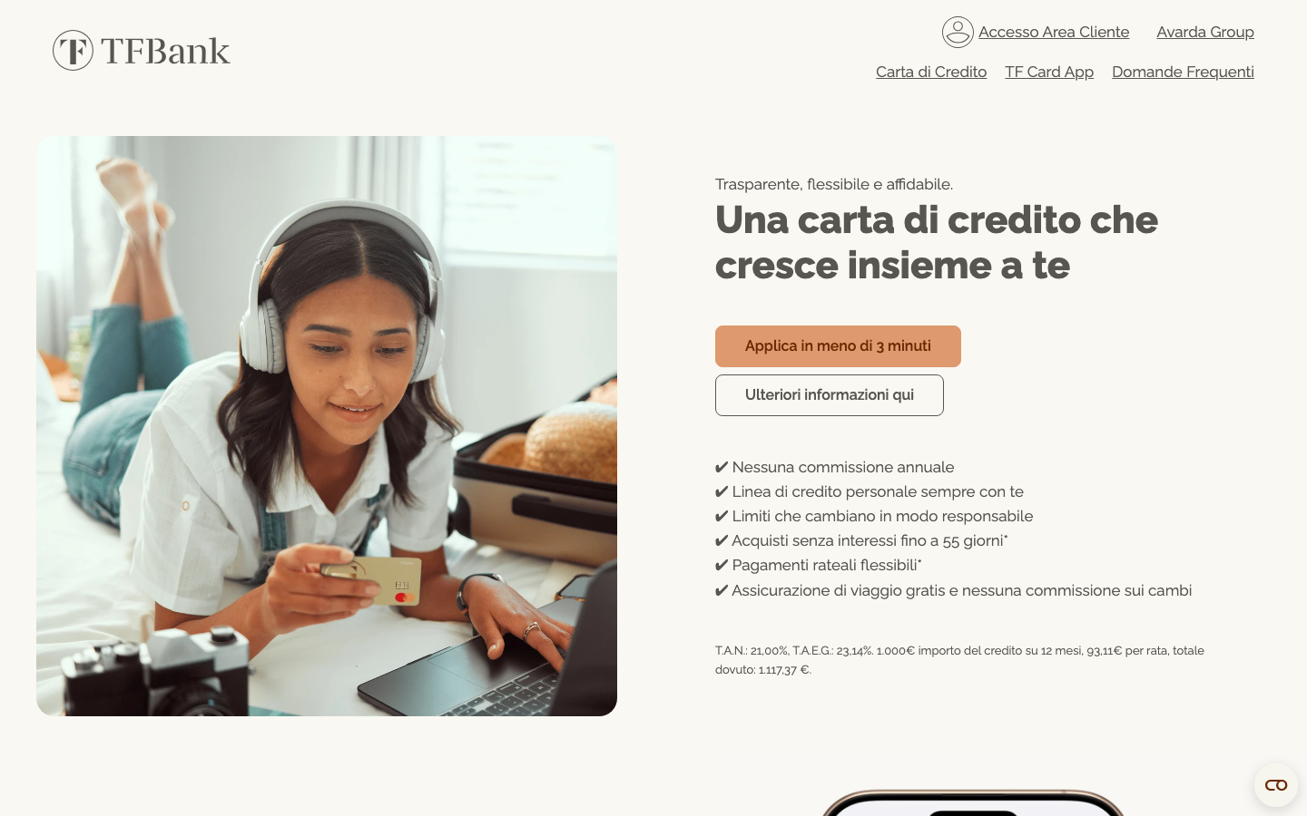 Homepage di TF Bank con la carta di credito Mastercard Gold senza canone annuo