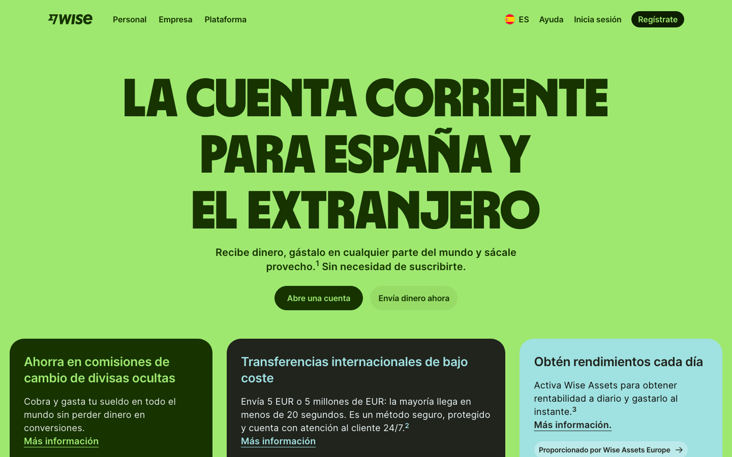 Página web de Wise mostrando la cuenta multidivisa para España y el extranjero