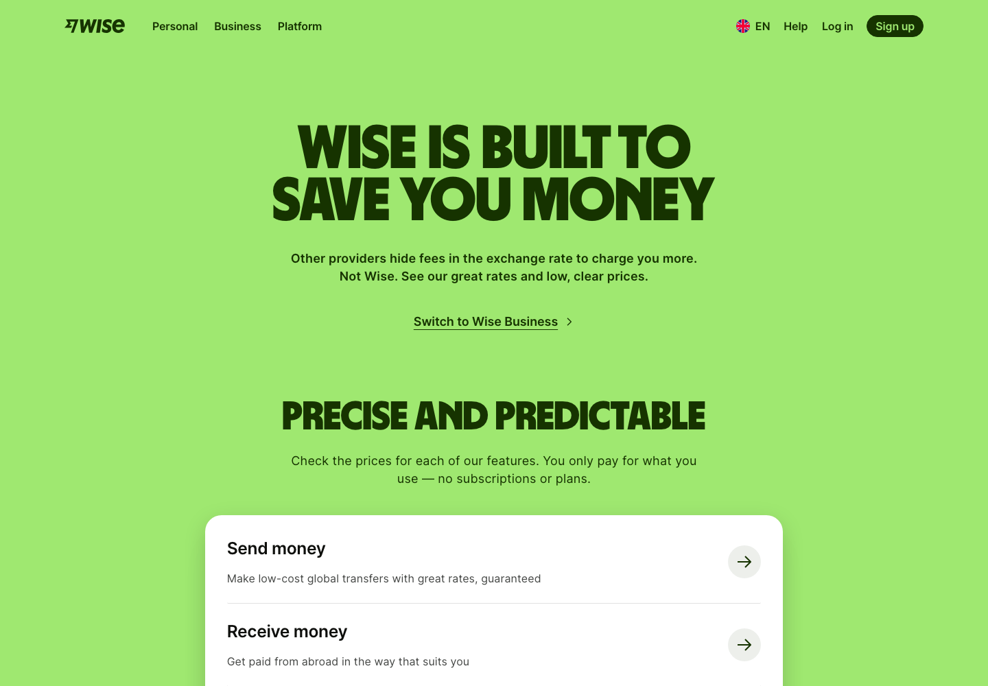 Wise UK pricing page showing sending, card and ATM fee categories