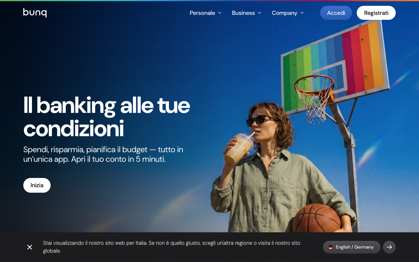 Homepage di bunq, la neobanca che include la carta di credito Mastercard gratis su tutti i piani