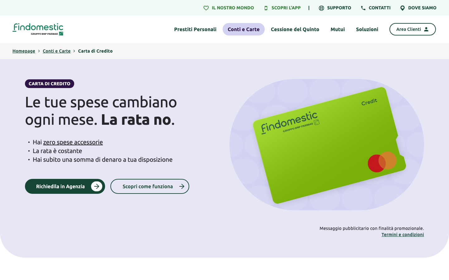 Pagina ufficiale della carta di credito Findomestic con canone zero permanente