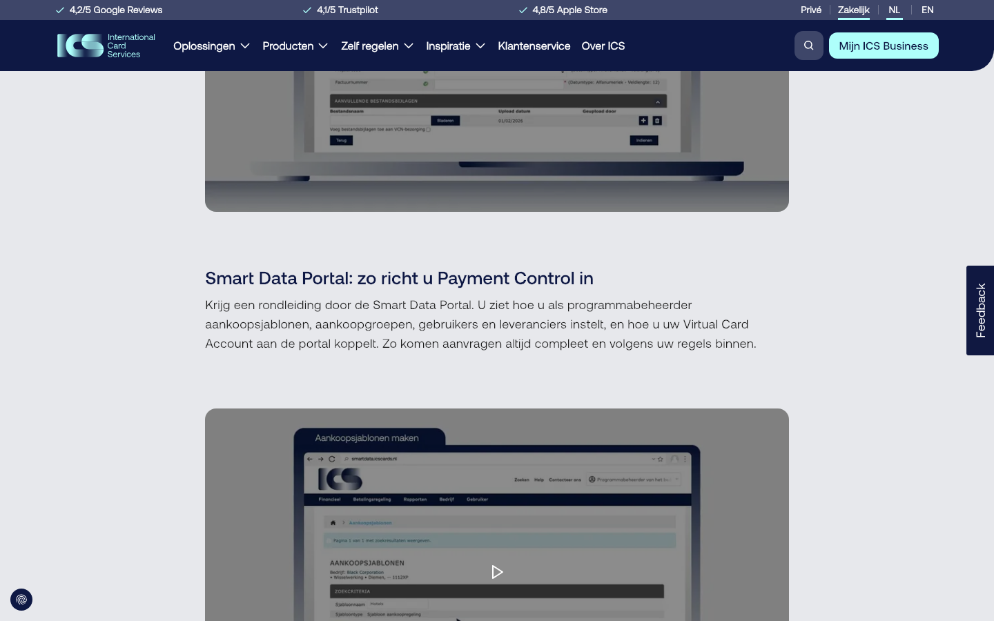 Screenshot van de ICS Payment Control Virtual Cards pagina voor zakelijke klanten