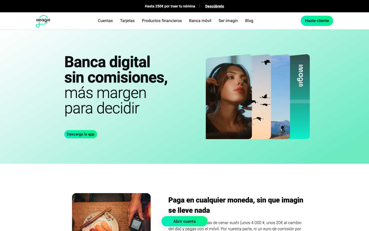 Página web de imagin, la banca digital de CaixaBank, con su oferta de cuentas y tarjetas