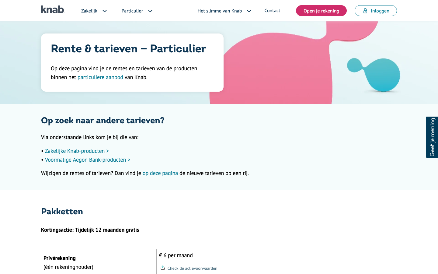 Screenshot van de officiele Knab tarievenpagina met actuele prijzen 2026