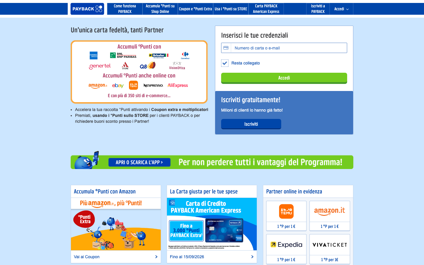 Portale PAYBACK con la promozione della carta di credito PAYBACK American Express