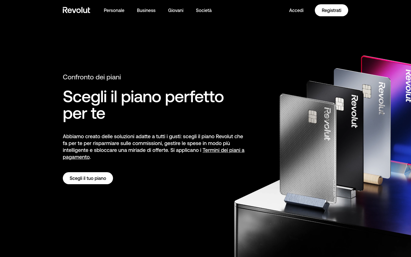 Pagina ufficiale di Revolut Italia con il confronto dei piani a pagamento