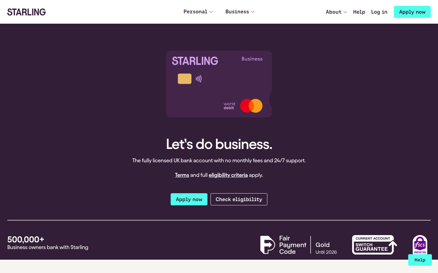 Starling Bank Business account homepage screenshot