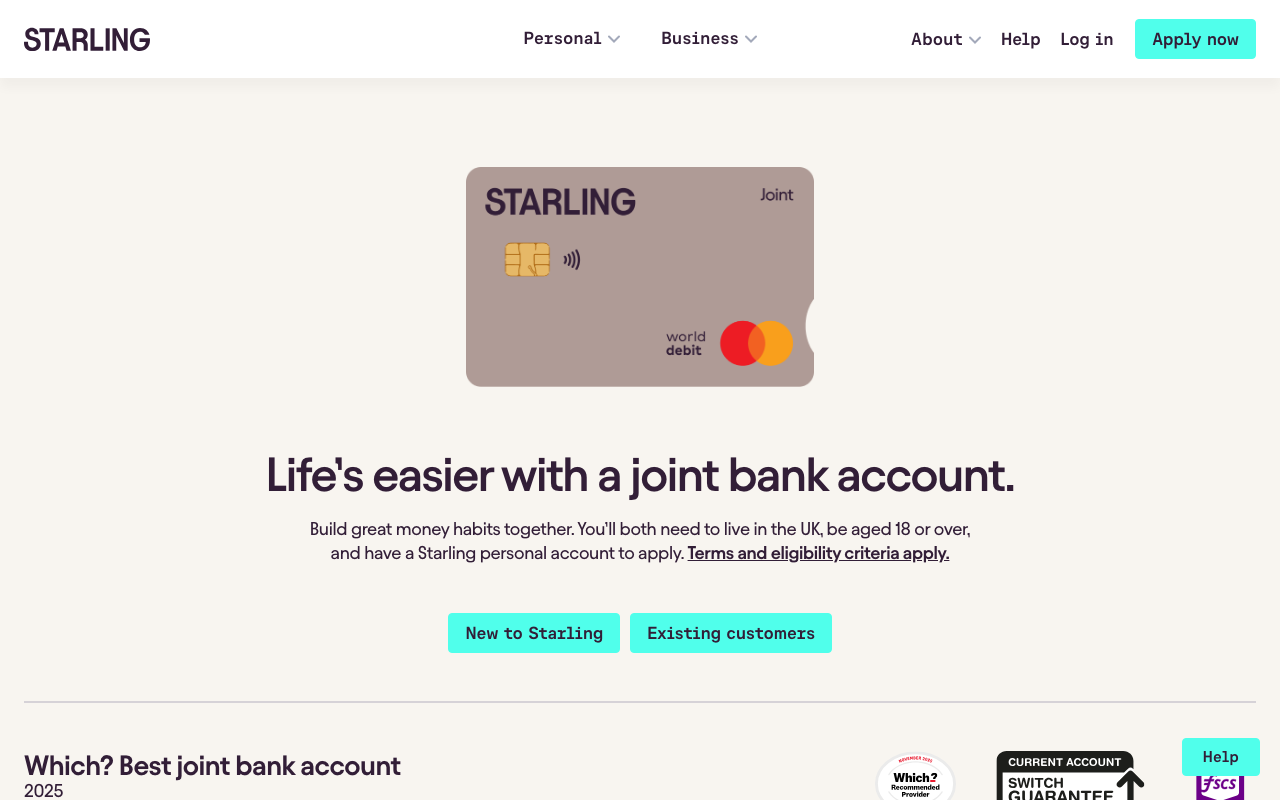 Starling Bank joint account homepage showing signup and eligibility