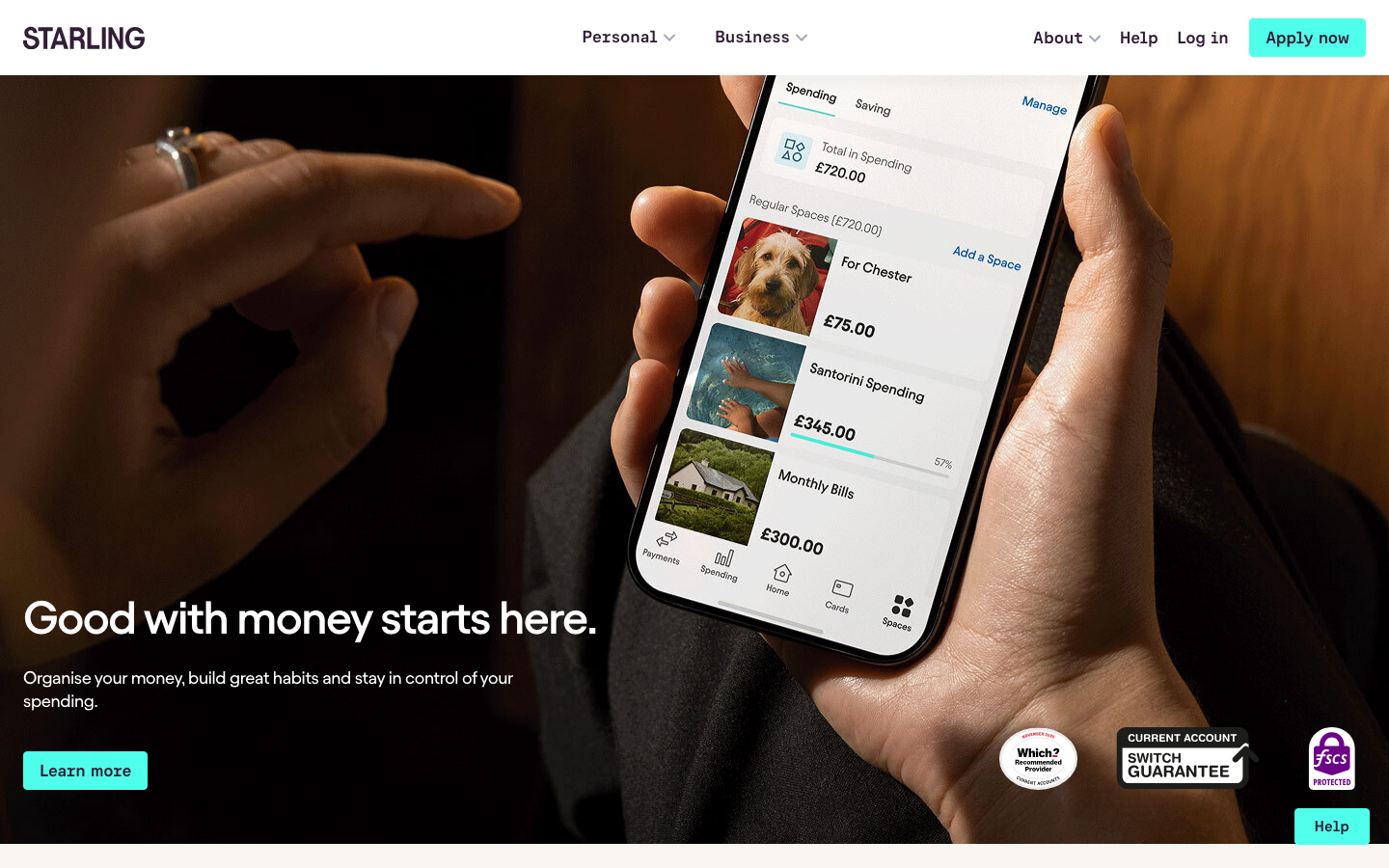 Starling Bank homepage showing its current account app