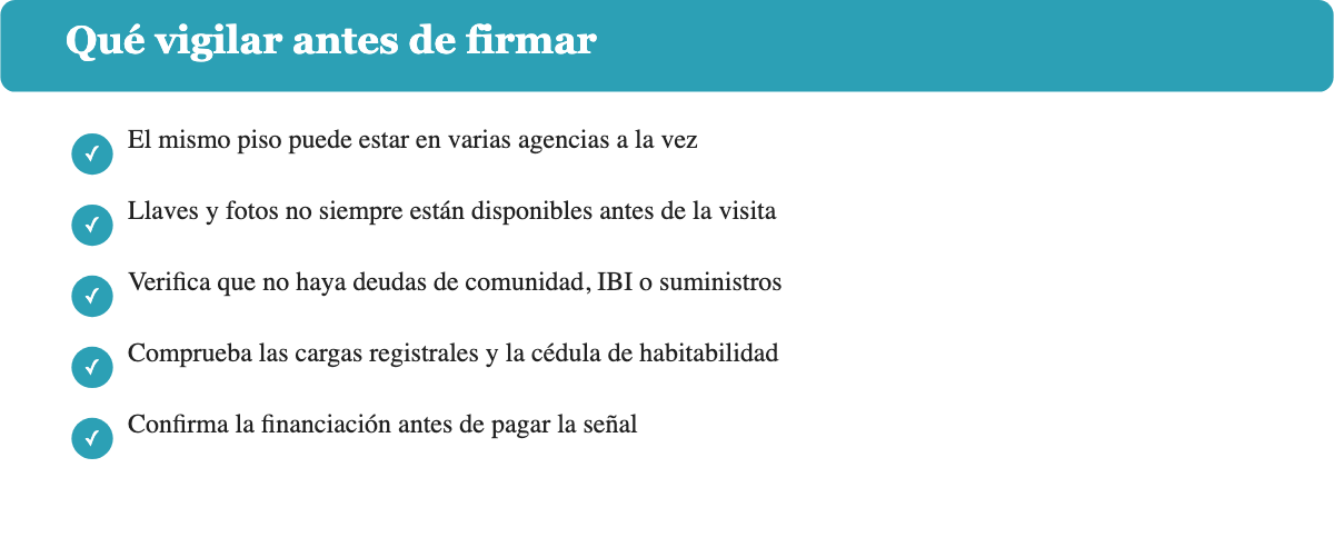 Lista de comprobación con cinco puntos que vigilar antes de firmar la compra de una vivienda de Building Center: agencias múltiples, llaves y fotos, deudas de comunidad, cargas registrales y confirmación de financiación