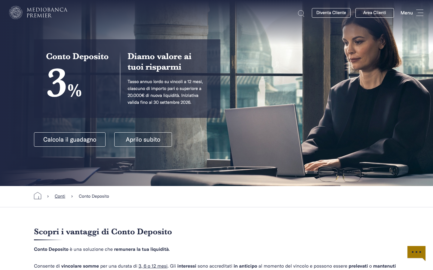 Screenshot del sito di Conto Deposito Mediobanca Premier