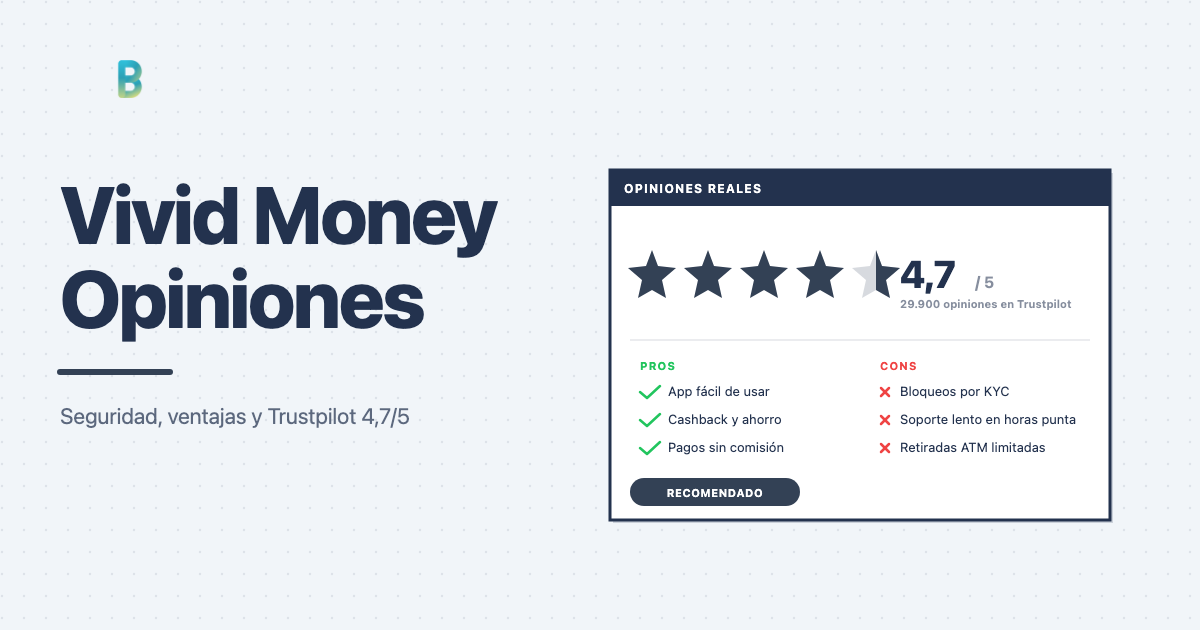 Tarjeta de opiniones de Vivid Money con valoracion 4,7 sobre 5 en Trustpilot, ventajas y desventajas