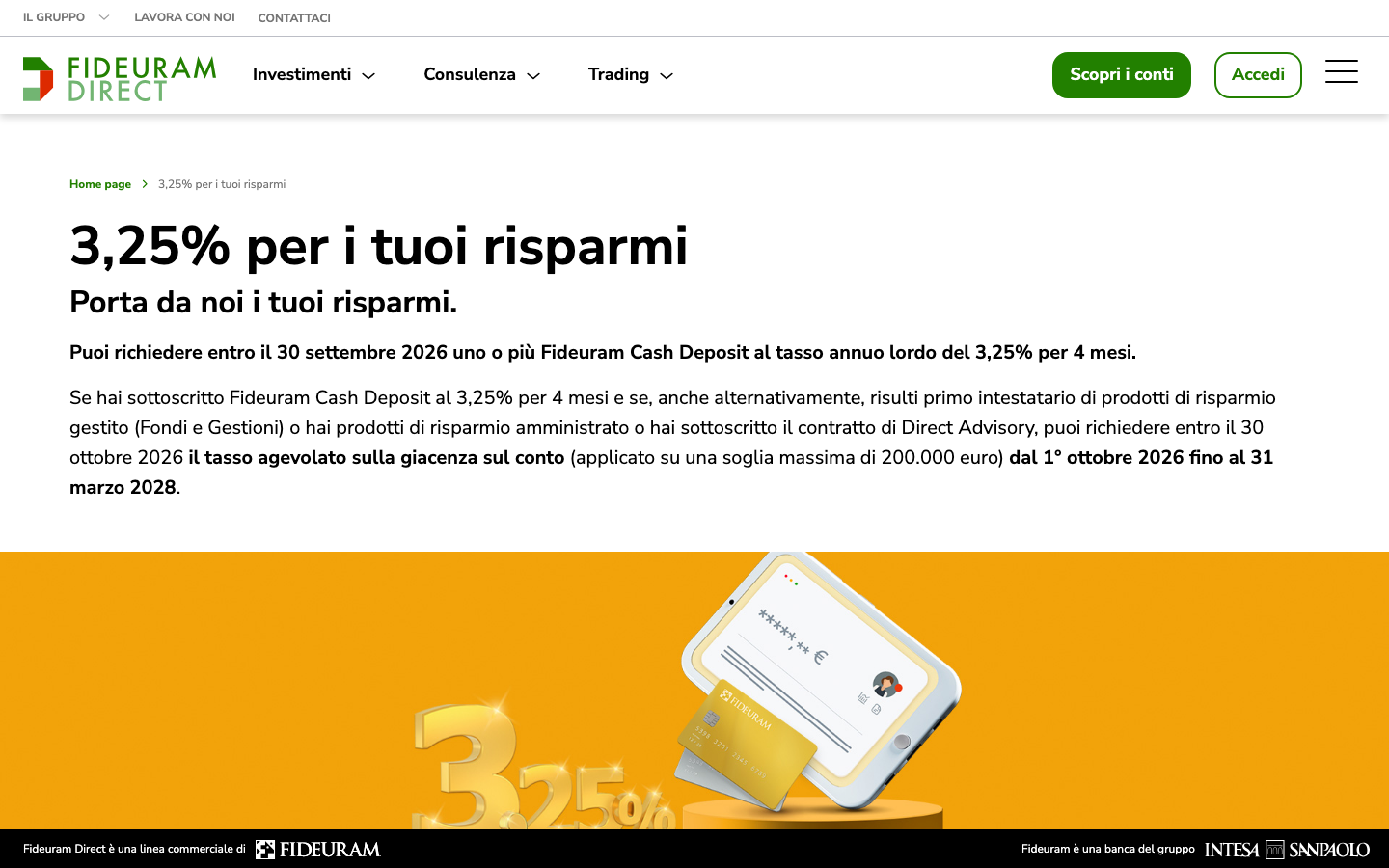 Screenshot del sito di Fideuram Cash Deposit