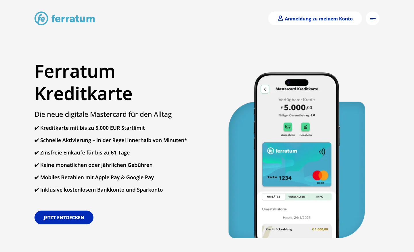 Startseite von Ferratum mit der Ferratum Mastercard Kreditkarte, bis zu 5.000 Euro Startlimit und zinsfreien Einkäufen für bis zu 61 Tage