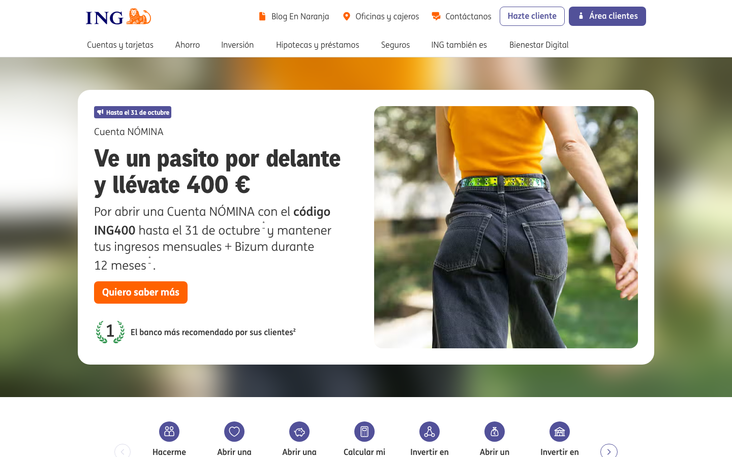Pagina de inicio de ing.es mostrando la promocion de 400 euros de la Cuenta Nomina.
