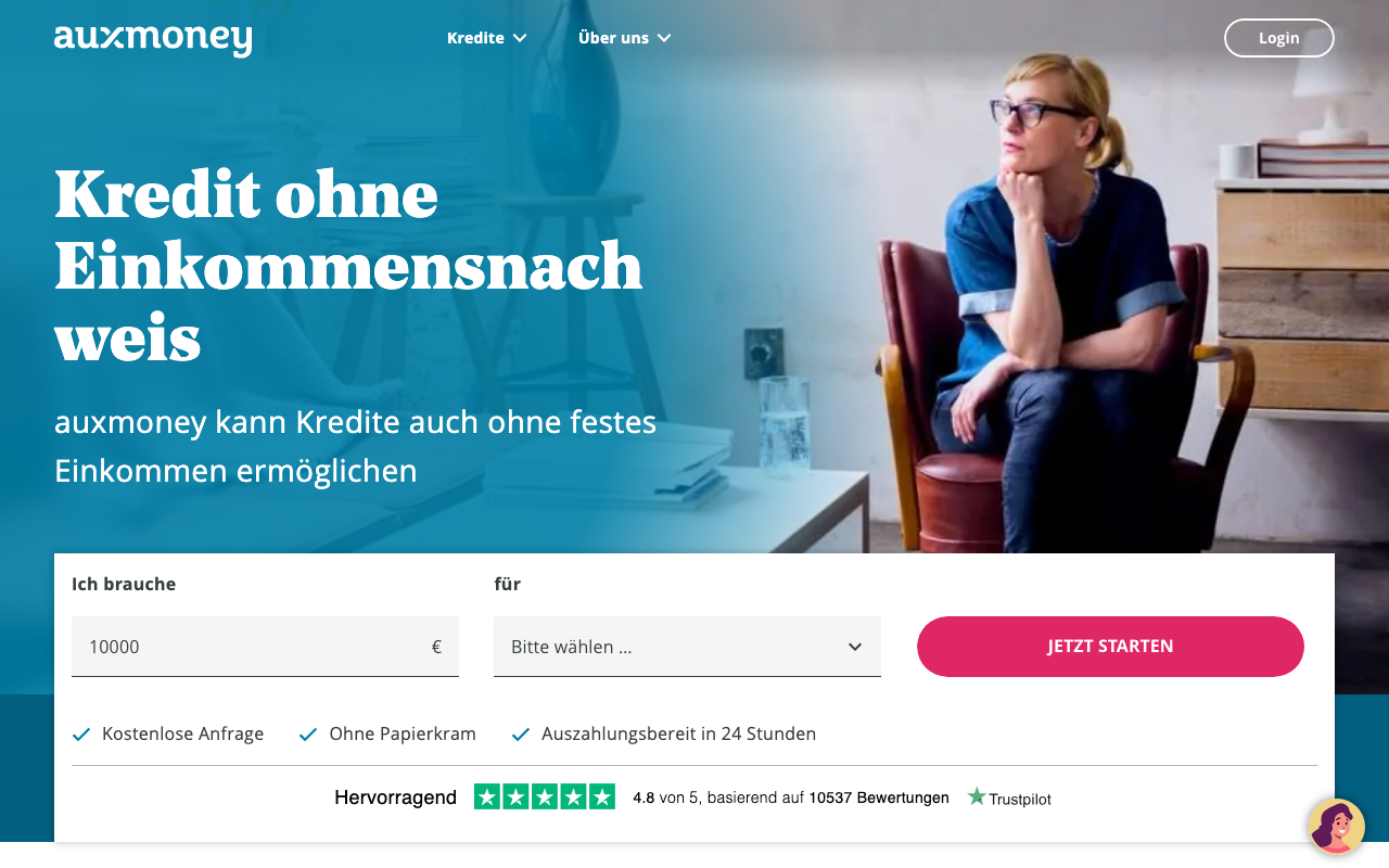 Seite von auxmoney zum Kredit ohne Einkommensnachweis mit dem Versprechen Auszahlungsbereit in 24 Stunden.