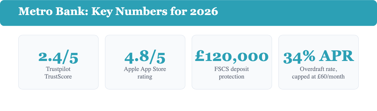 Metro Bank key numbers: 2.4 out of 5 on Trustpilot, 4.8 out of 5 on the Apple App Store, GBP 120,000 FSCS protection, 34 percent APR overdraft capped at GBP 60 a month
